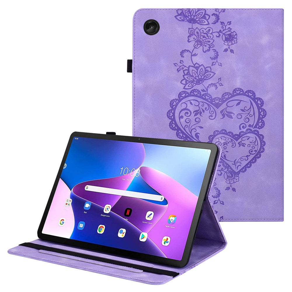 For Lenovo Tab M10 Plus (3rd Gen) Leather Case Heart Imprint Foldable Stand Card Slot Stylus Holder Tablet Cover - Purple