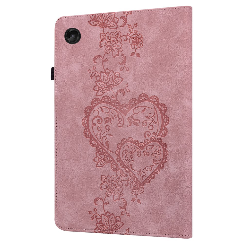 For Lenovo Tab M10 Plus (3rd Gen) Leather Case Heart Imprint Foldable Stand Card Slot Stylus Holder Tablet Cover - Pink