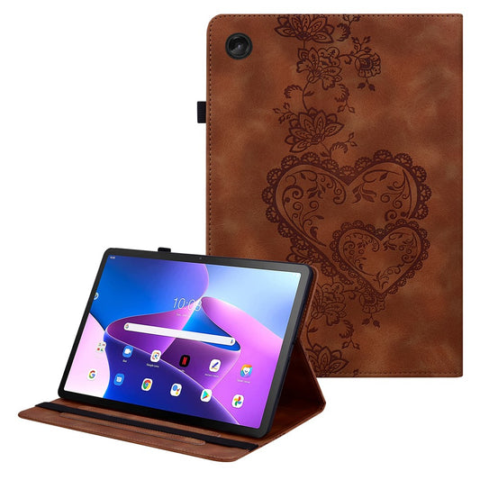 For Lenovo Tab M10 Plus (3rd Gen) Leather Case Heart Imprint Foldable Stand Card Slot Stylus Holder Tablet Cover - Brown