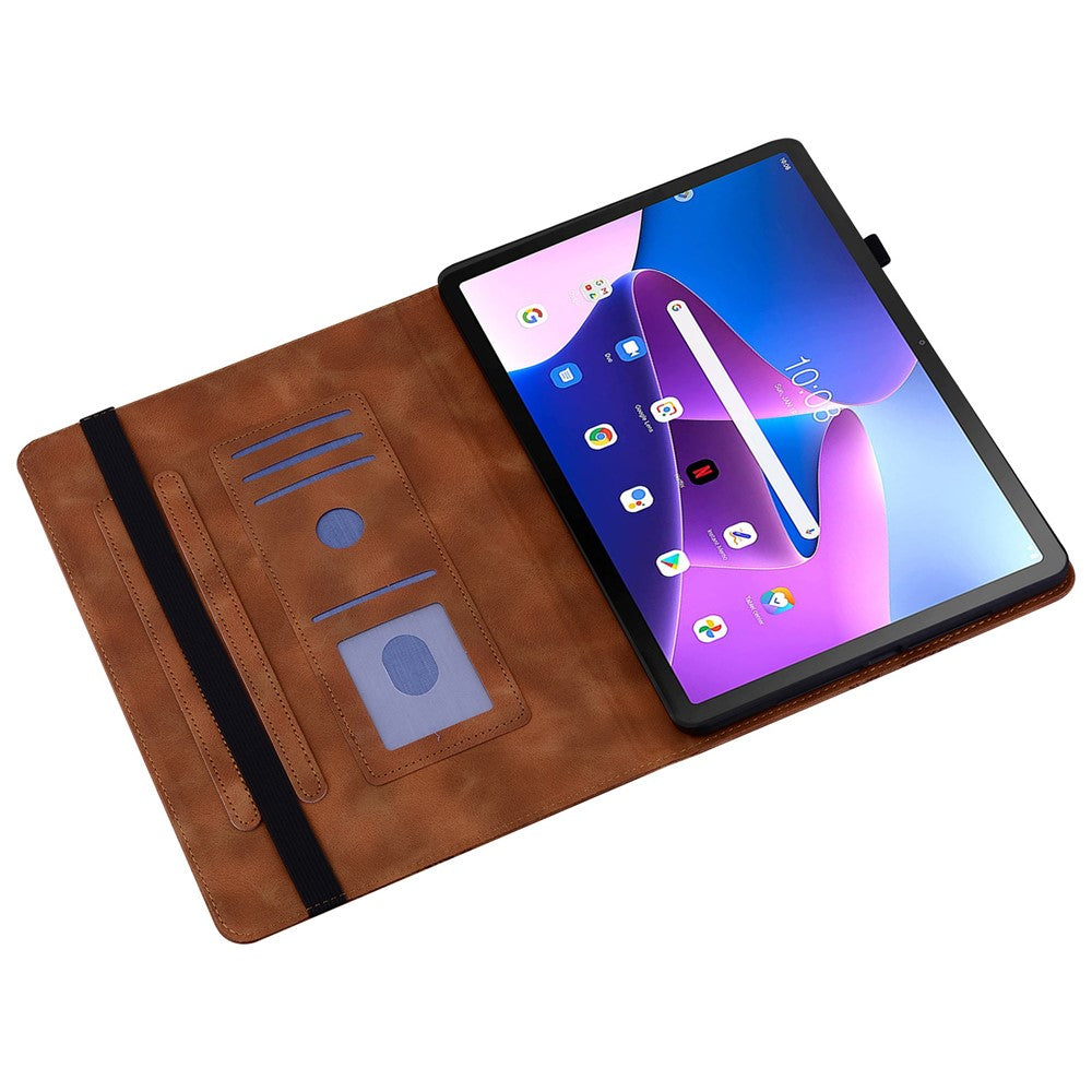 For Lenovo Tab M10 Plus (3rd Gen) Leather Case Heart Imprint Foldable Stand Card Slot Stylus Holder Tablet Cover - Brown