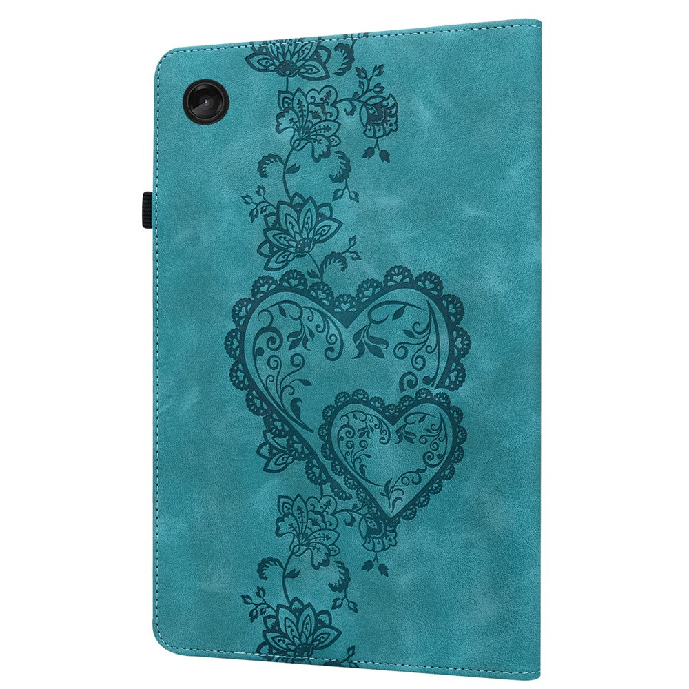 For Lenovo Tab M10 Plus (3rd Gen) Leather Case Heart Imprint Foldable Stand Card Slot Stylus Holder Tablet Cover - Green