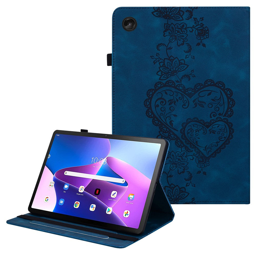 For Lenovo Tab M10 Plus (3rd Gen) Leather Case Heart Imprint Foldable Stand Card Slot Stylus Holder Tablet Cover - Blue
