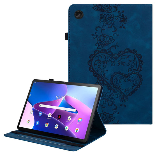 For Lenovo Tab M10 Plus (3rd Gen) Leather Case Heart Imprint Foldable Stand Card Slot Stylus Holder Tablet Cover - Blue