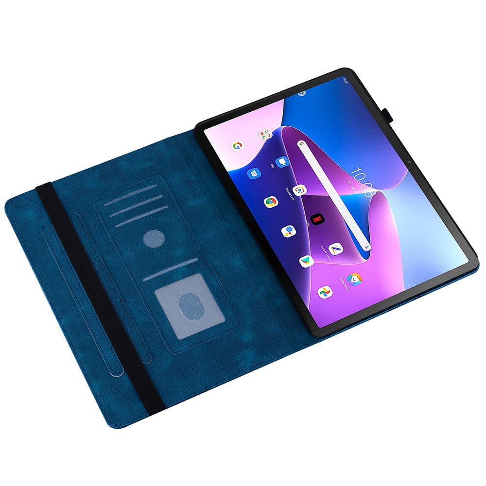 For Lenovo Tab M10 Plus (3rd Gen) Leather Case Heart Imprint Foldable Stand Card Slot Stylus Holder Tablet Cover - Blue