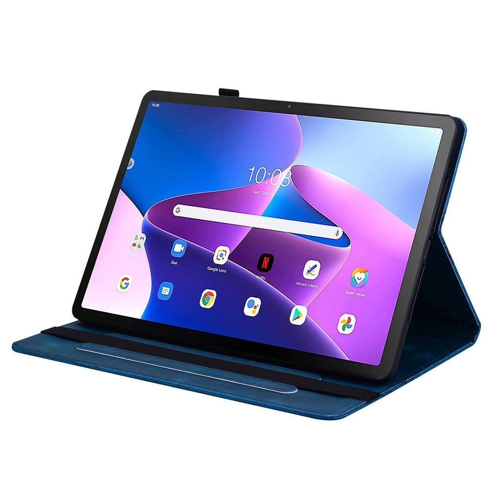 For Lenovo Tab M10 Plus (3rd Gen) Leather Case Heart Imprint Foldable Stand Card Slot Stylus Holder Tablet Cover - Blue