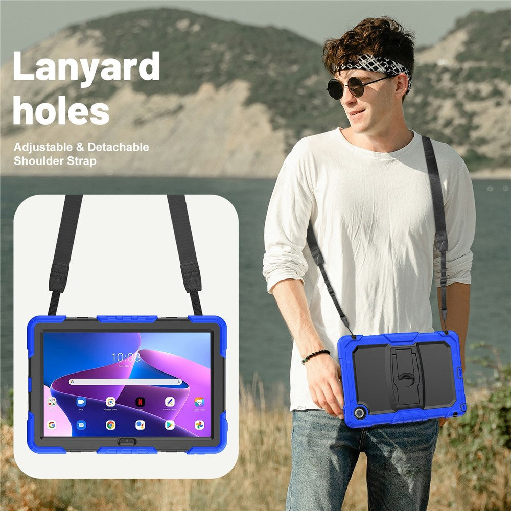 For Lenovo Tab 10.1 (2025) TB-311XU  /  Tab TB311FU Case Kickstand PC + Silicone Shockproof Tablet Cover with Shoulder Strap - Dark Blue