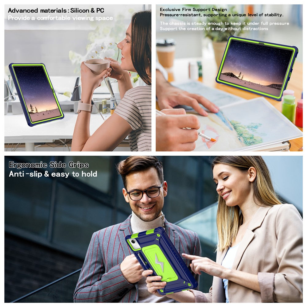 For Lenovo Tab M11 TB330FU / Xiaoxin Pad 11 2024 TB331FC Case Kickstand PC + Silicone Tablet Cover with Shoulder Strap - Navy Blue + Yellowgreen