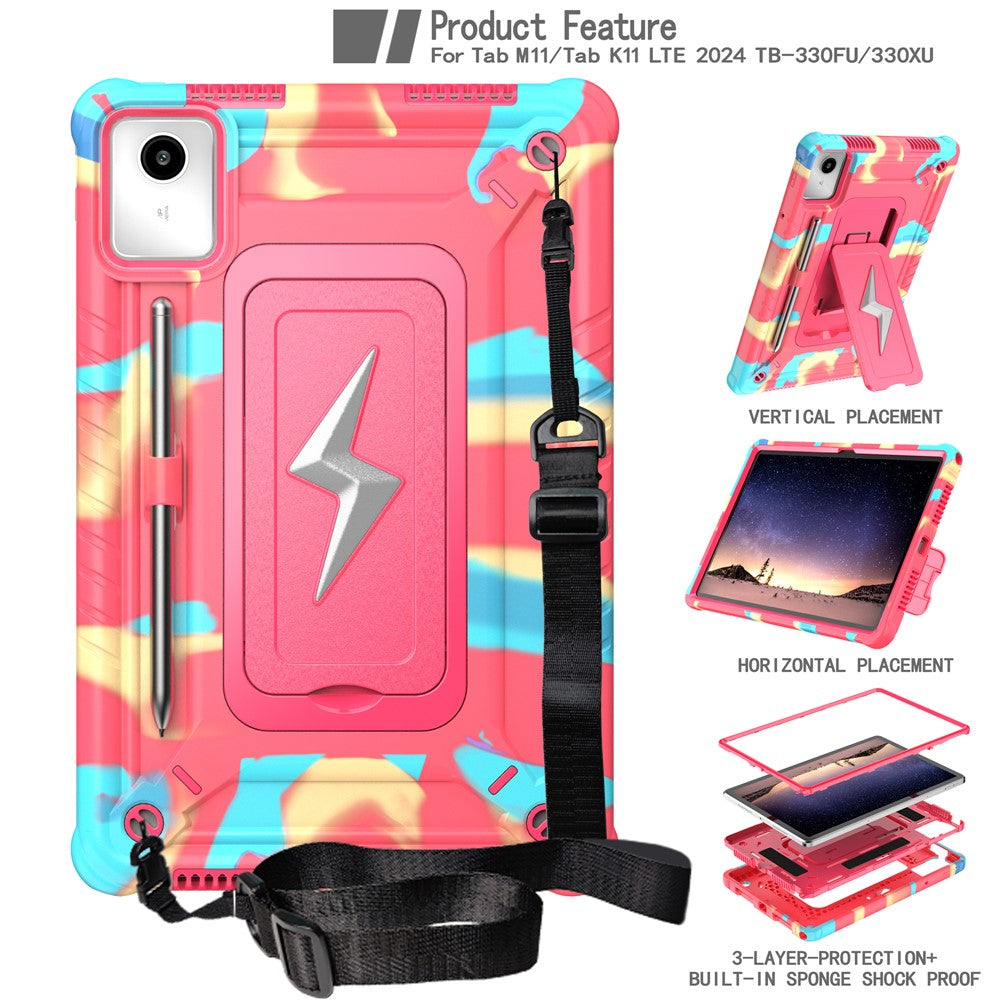 For Lenovo Tab M11 TB330FU / Xiaoxin Pad 11 2024 TB331FC Case Kickstand PC + Silicone Tablet Cover with Shoulder Strap - Camouflage Rose + Rose