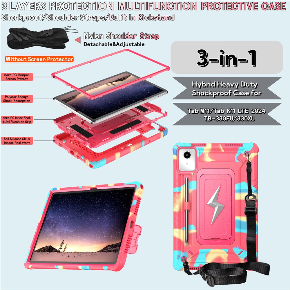 For Lenovo Tab M11 TB330FU / Xiaoxin Pad 11 2024 TB331FC Case Kickstand PC + Silicone Tablet Cover with Shoulder Strap - Camouflage Rose + Rose