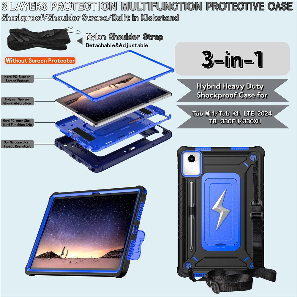 For Lenovo Tab M11 TB330FU / Xiaoxin Pad 11 2024 TB331FC Case Kickstand PC + Silicone Tablet Cover with Shoulder Strap - Black + Blue