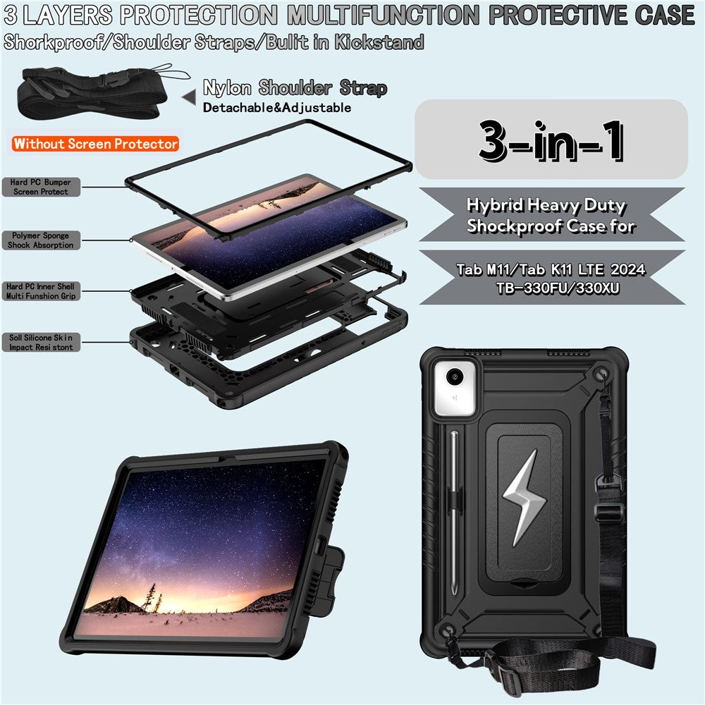 For Lenovo Tab M11 TB330FU / Xiaoxin Pad 11 2024 TB331FC Case Kickstand PC + Silicone Tablet Cover with Shoulder Strap - Black