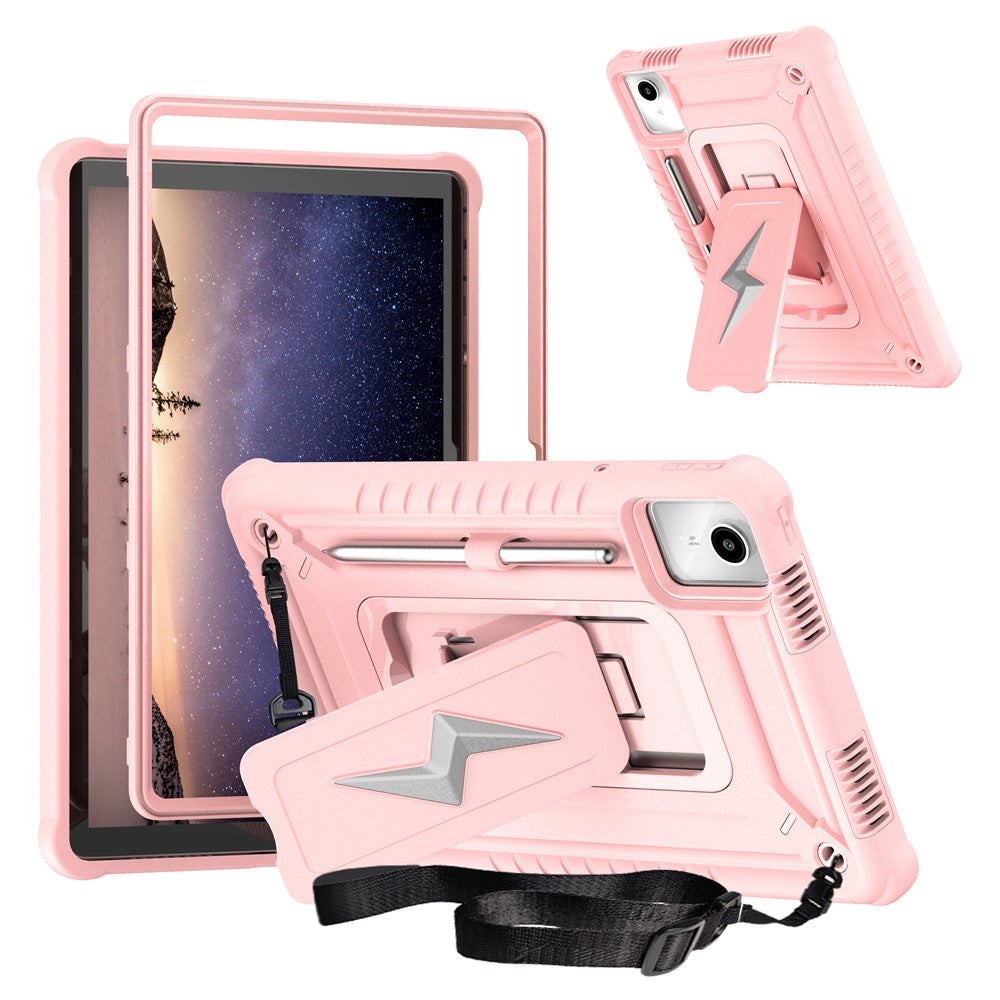 For Lenovo Tab M11 TB330FU / Xiaoxin Pad 11 2024 TB331FC Case Kickstand PC + Silicone Tablet Cover with Shoulder Strap - Rose Gold