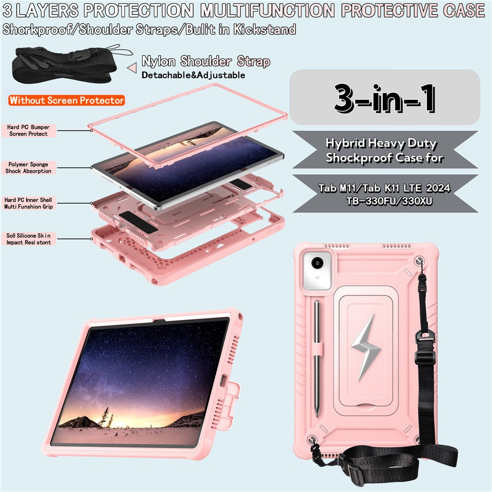 For Lenovo Tab M11 TB330FU / Xiaoxin Pad 11 2024 TB331FC Case Kickstand PC + Silicone Tablet Cover with Shoulder Strap - Rose Gold