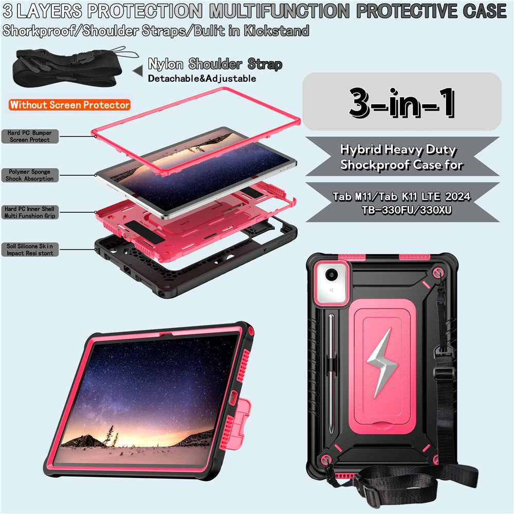 For Lenovo Tab M11 TB330FU / Xiaoxin Pad 11 2024 TB331FC Case Kickstand PC + Silicone Tablet Cover with Shoulder Strap - Black + Rose