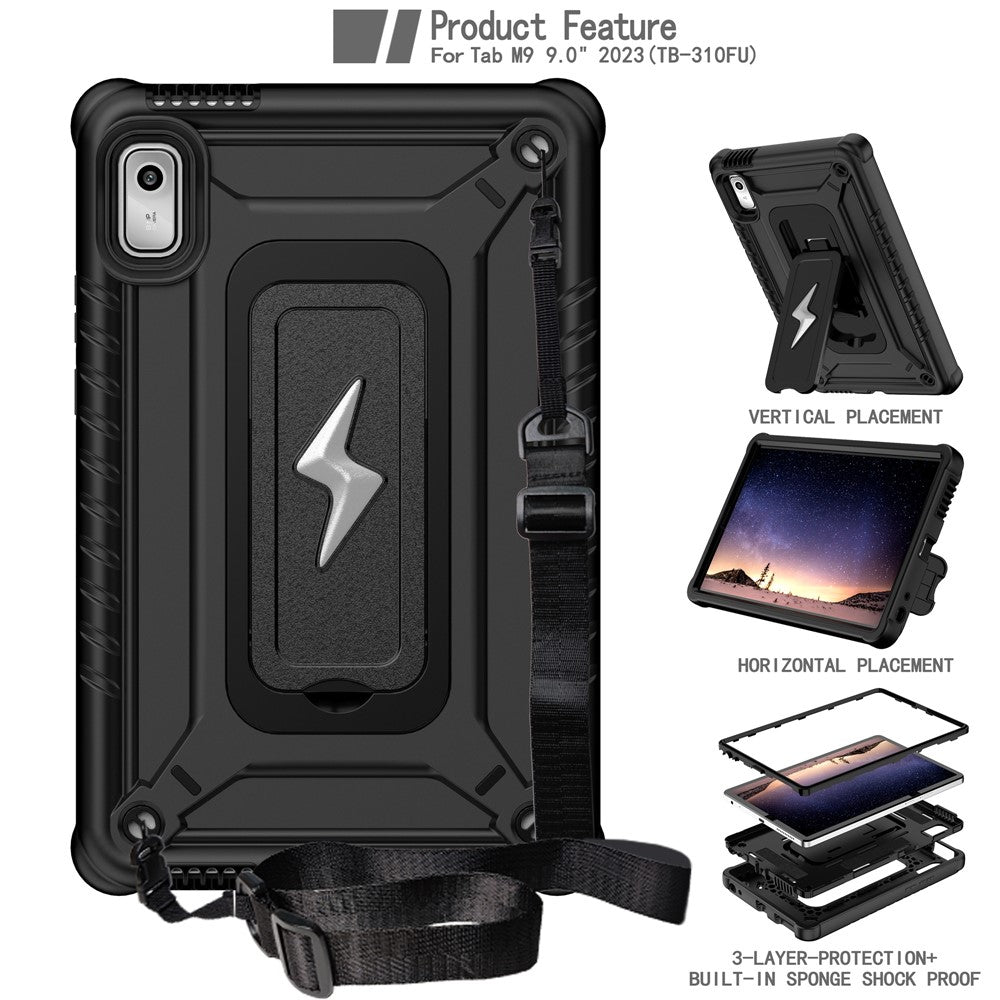 For Lenovo Nook 9 inch (2024) / Tab M9 TB-310FU TB-310FX Case Kickstand PC + Silicone Tablet Cover with Shoulder Strap - Black