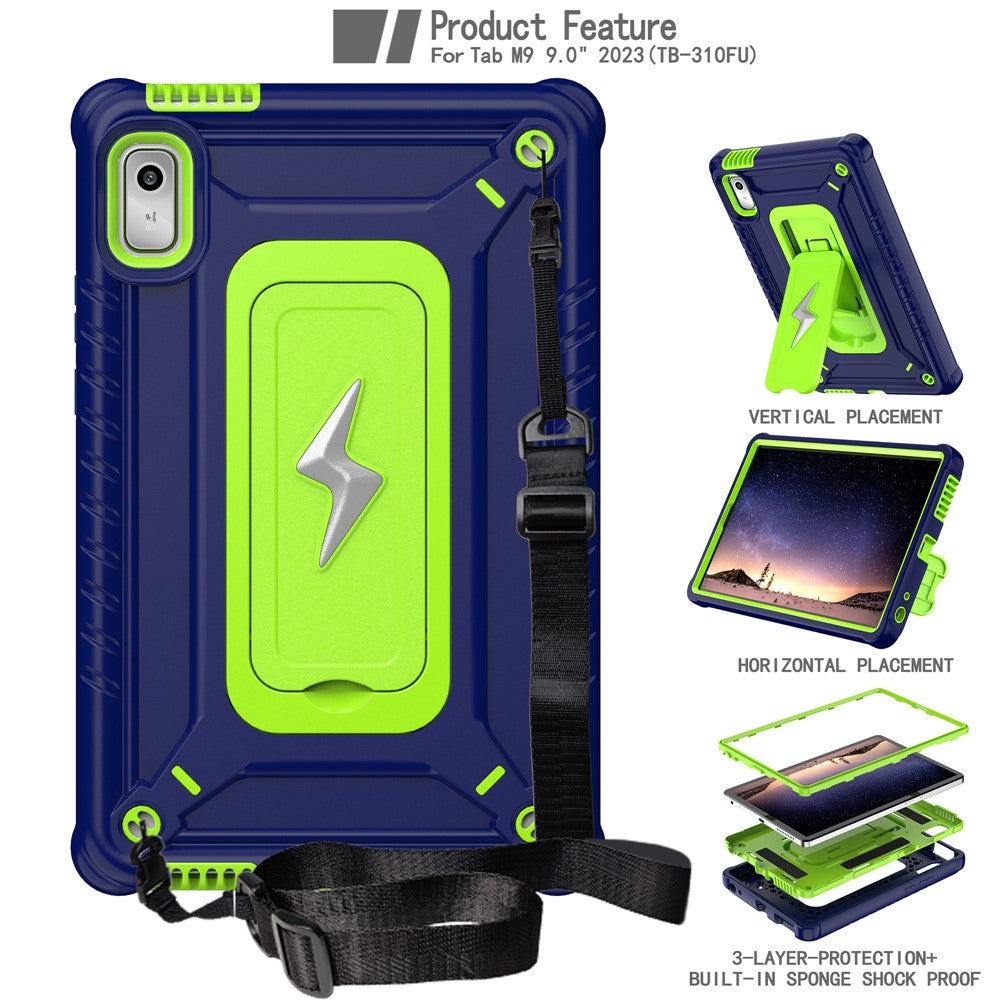 For Lenovo Nook 9 inch (2024) / Tab M9 TB-310FU TB-310FX Case Kickstand PC + Silicone Tablet Cover with Shoulder Strap - Navy Blue + Yellowgreen