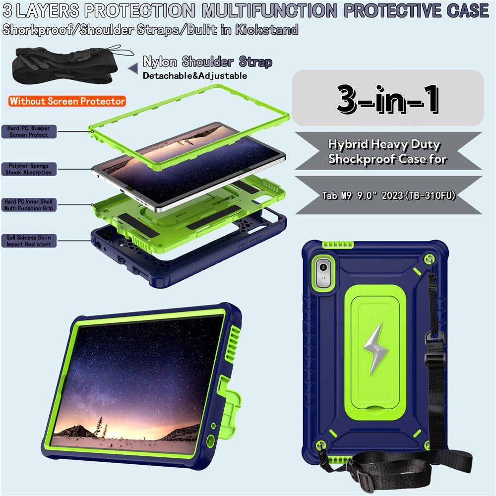 For Lenovo Nook 9 inch (2024) / Tab M9 TB-310FU TB-310FX Case Kickstand PC + Silicone Tablet Cover with Shoulder Strap - Navy Blue + Yellowgreen