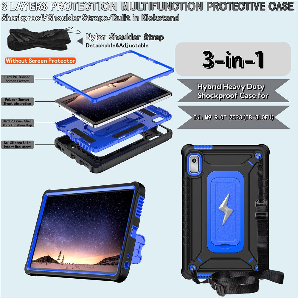 For Lenovo Nook 9 inch (2024) / Tab M9 TB-310FU TB-310FX Case Kickstand PC + Silicone Tablet Cover with Shoulder Strap - Black + Blue