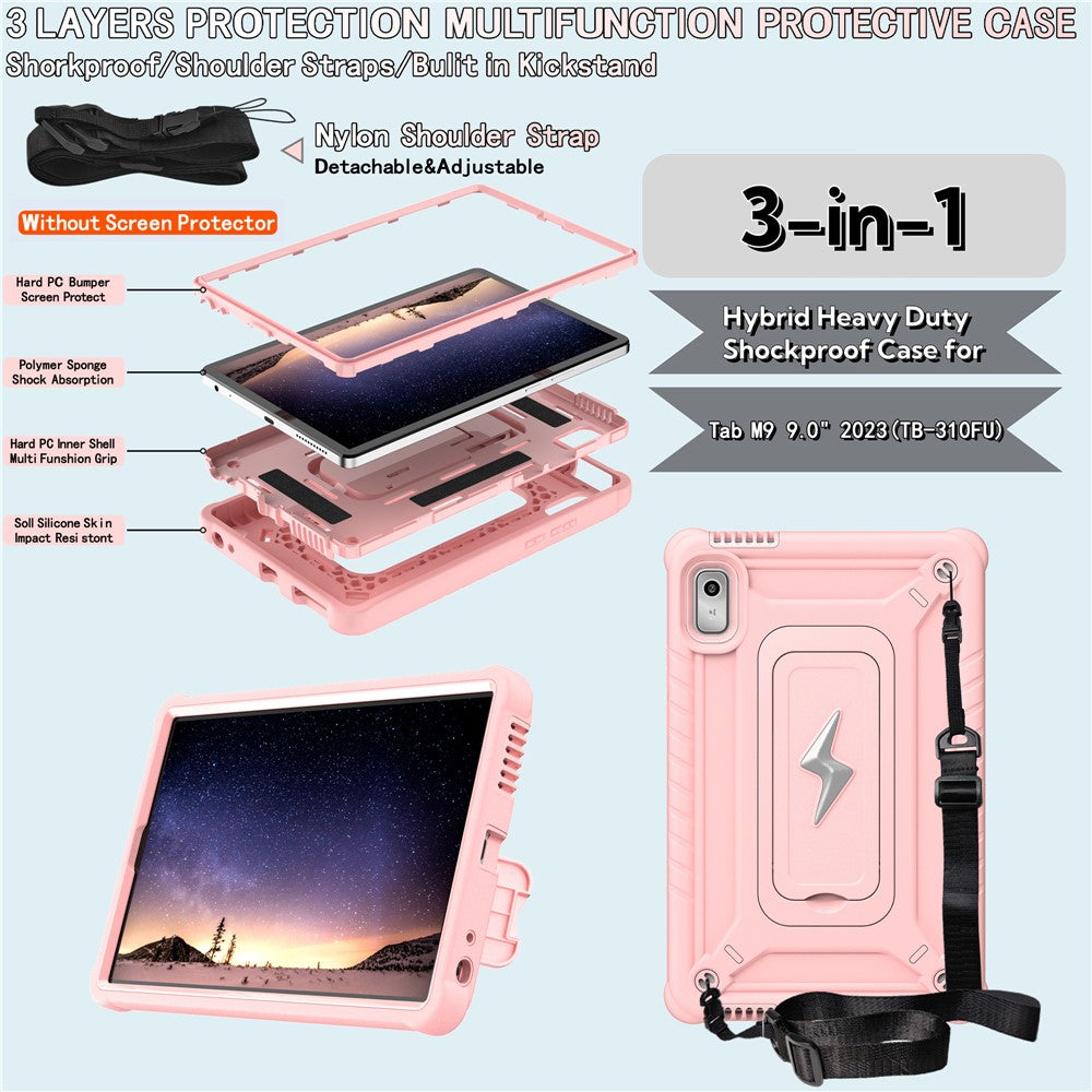 For Lenovo Nook 9 inch (2024) / Tab M9 TB-310FU TB-310FX Case Kickstand PC + Silicone Tablet Cover with Shoulder Strap - Rose Gold