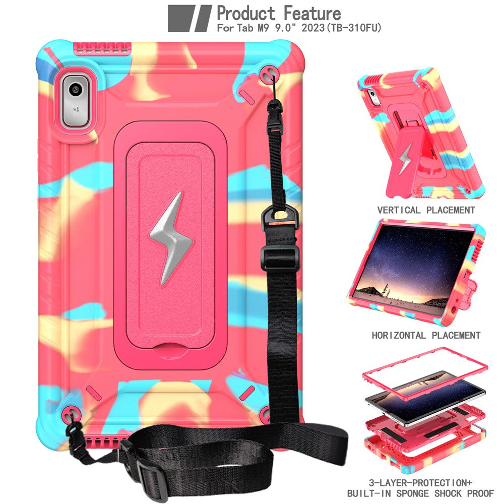 For Lenovo Nook 9 inch (2024) / Tab M9 TB-310FU TB-310FX Case Kickstand PC + Silicone Tablet Cover with Shoulder Strap - Camouflage Rose + Rose