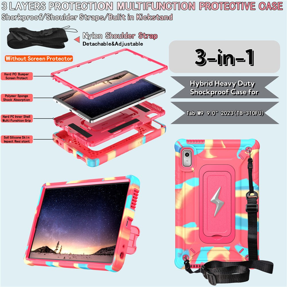 For Lenovo Nook 9 inch (2024) / Tab M9 TB-310FU TB-310FX Case Kickstand PC + Silicone Tablet Cover with Shoulder Strap - Camouflage Rose + Rose