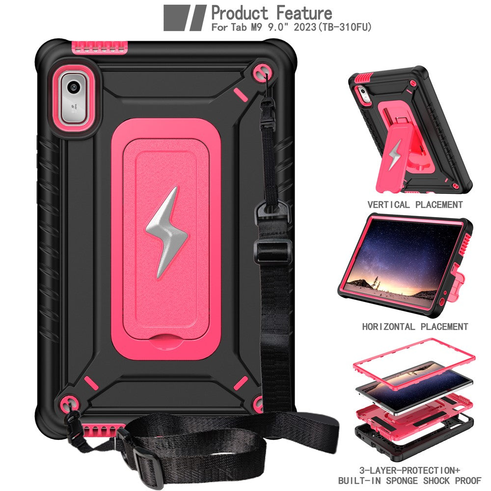 For Lenovo Nook 9 inch (2024) / Tab M9 TB-310FU TB-310FX Case Kickstand PC + Silicone Tablet Cover with Shoulder Strap - Black + Rose