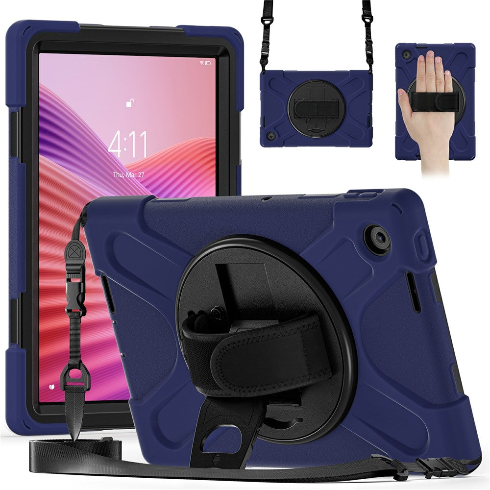 For Lenovo Tab 10.1 (2025) TB311XU / Zhaoyang K10C Kickstand Case TPU PC Silicone Tablet Cover with Shoulder Strap - Navy Blue