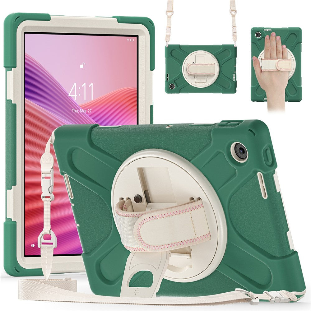 For Lenovo Tab 10.1 (2025) TB311XU / Zhaoyang K10C Kickstand Case TPU PC Silicone Tablet Cover with Shoulder Strap - Emerald Green