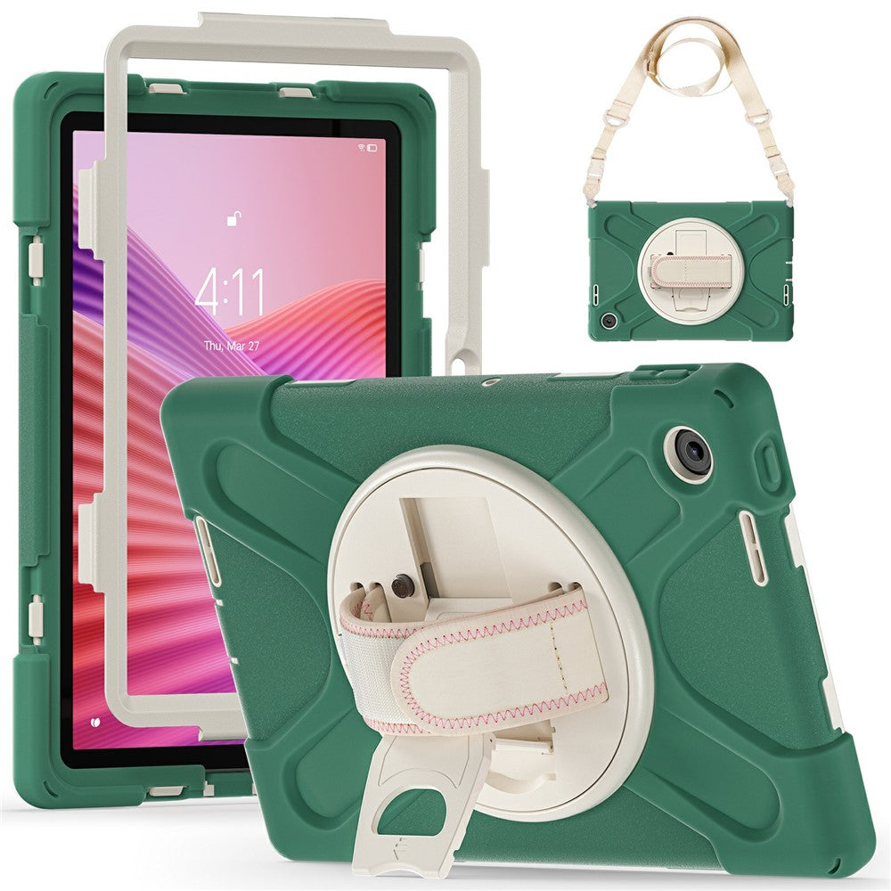 For Lenovo Tab 10.1 (2025) TB311XU / Zhaoyang K10C Kickstand Case TPU PC Silicone Tablet Cover with Shoulder Strap - Emerald Green