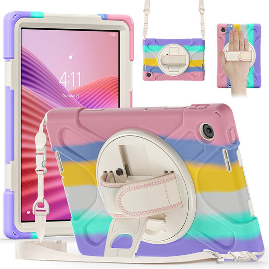 For Lenovo Tab 10.1 (2025) TB311XU / Zhaoyang K10C Kickstand Case TPU PC Silicone Tablet Cover with Shoulder Strap - Colorful Pink