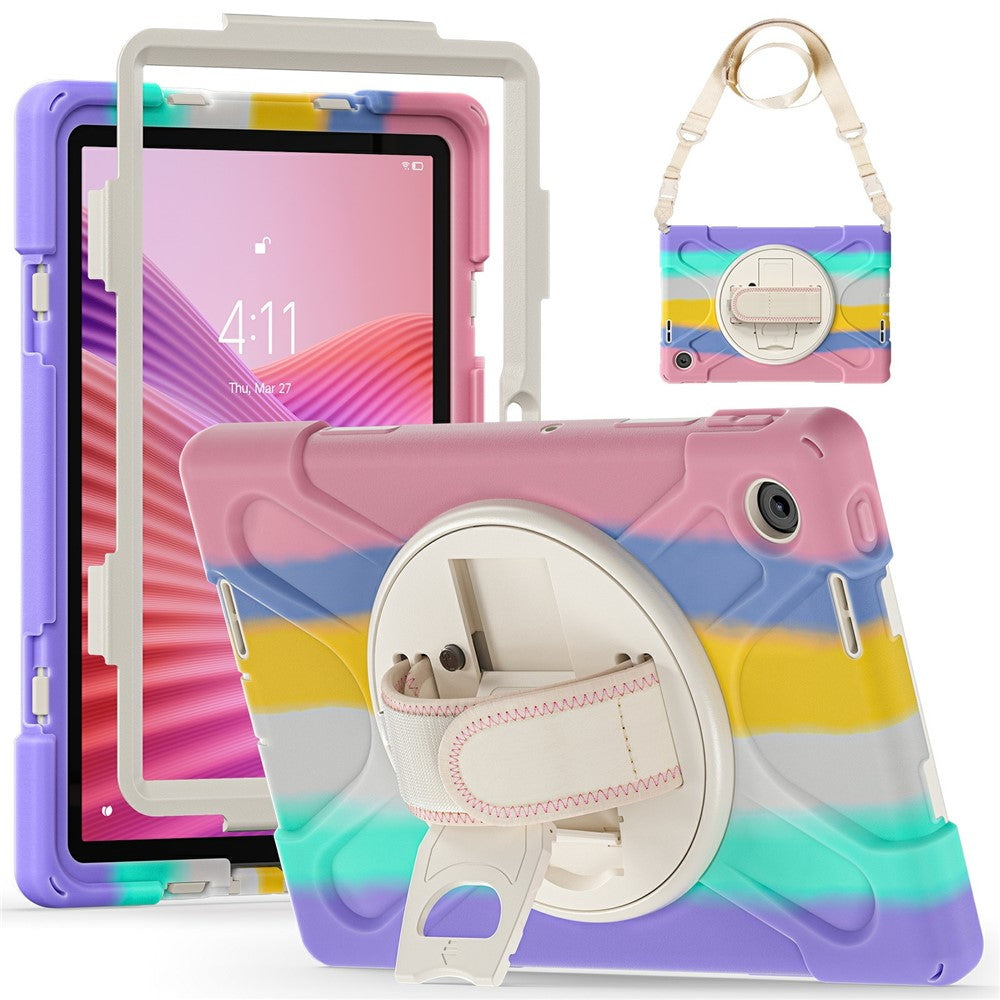 For Lenovo Tab 10.1 (2025) TB311XU / Zhaoyang K10C Kickstand Case TPU PC Silicone Tablet Cover with Shoulder Strap - Colorful Pink