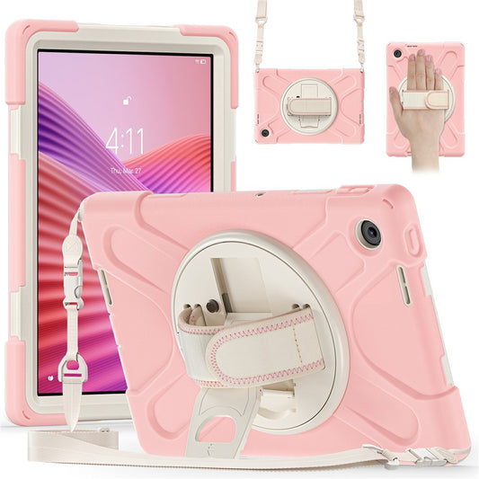 For Lenovo Tab 10.1 (2025) TB311XU / Zhaoyang K10C Kickstand Case TPU PC Silicone Tablet Cover with Shoulder Strap - Pink