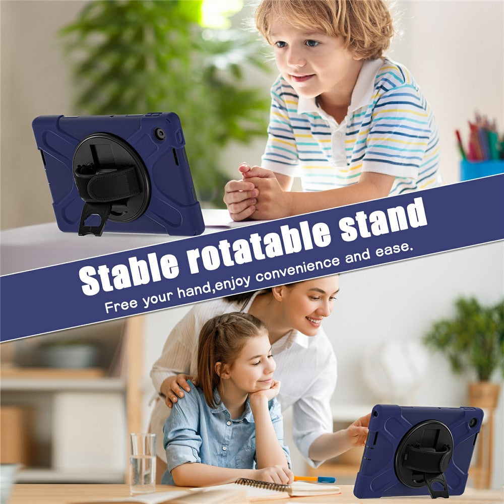 For Lenovo Tab 10.1 (2025) TB311XU / Zhaoyang K10C Case Rotary Kickstand PC+Silicone Hand Strap Tablet Cover - Navy Blue