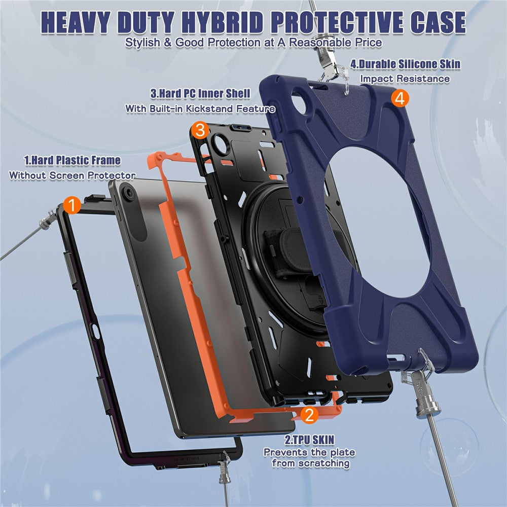 For Lenovo Tab 10.1 (2025) TB311XU / Zhaoyang K10C Case Rotary Kickstand PC+Silicone Hand Strap Tablet Cover - Navy Blue