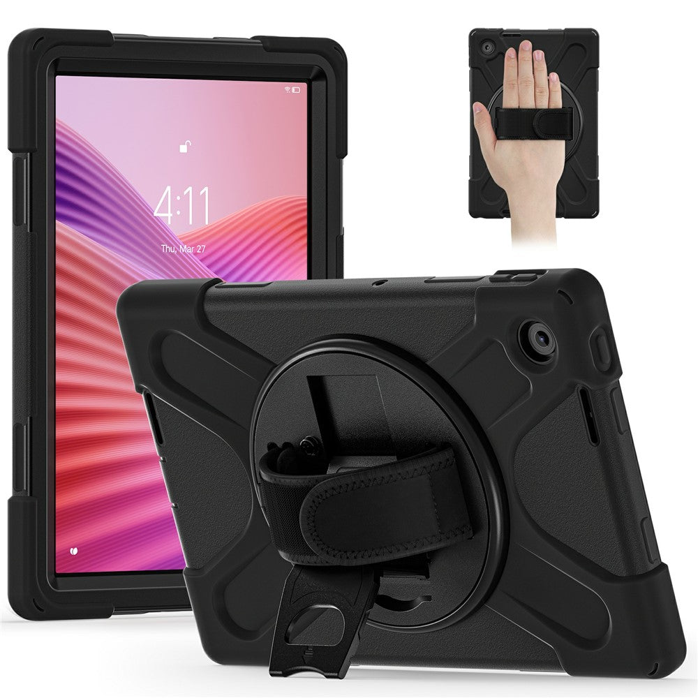 For Lenovo Tab 10.1 (2025) TB311XU / Zhaoyang K10C Case Rotary Kickstand PC+Silicone Hand Strap Tablet Cover - Black