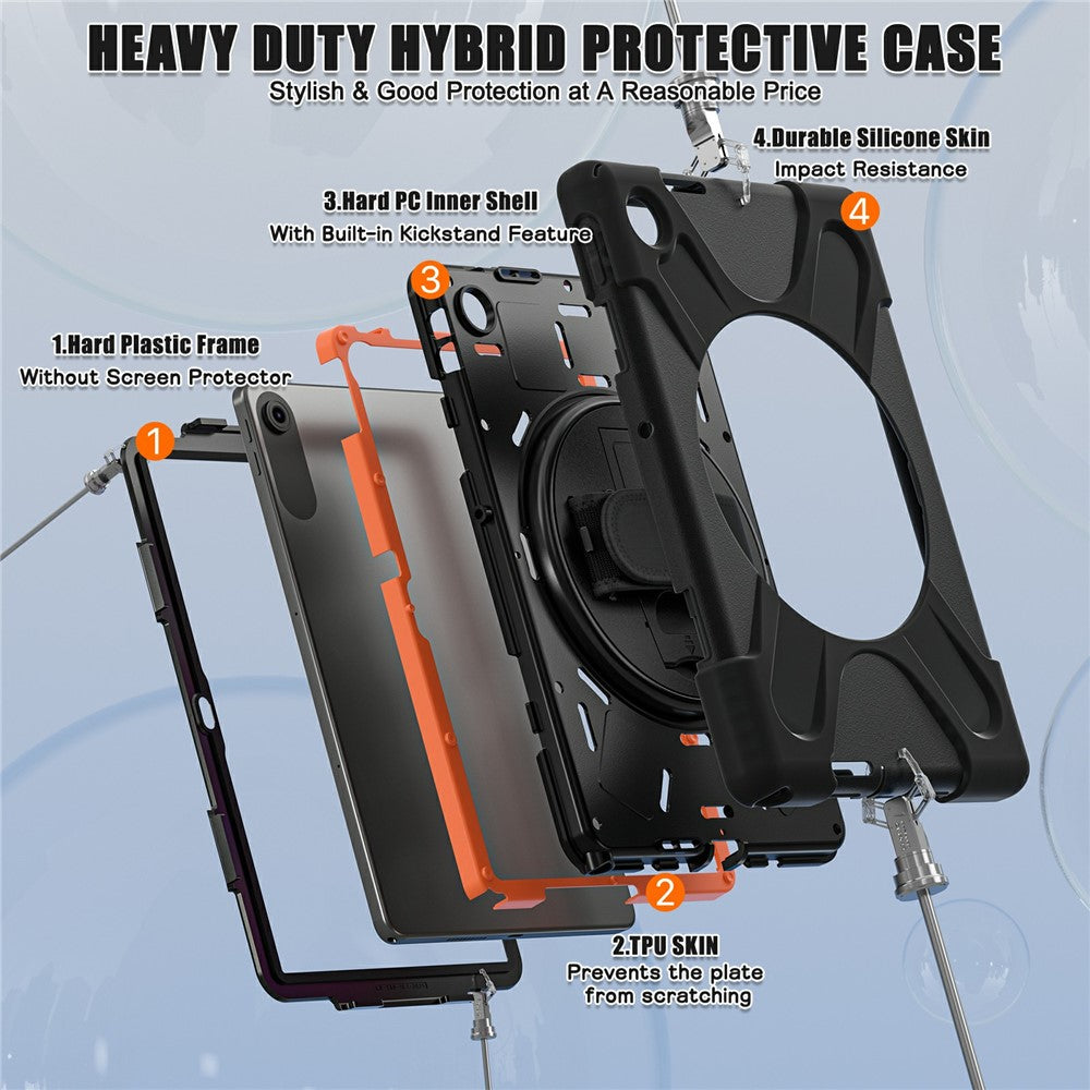 For Lenovo Tab 10.1 (2025) TB311XU / Zhaoyang K10C Case Rotary Kickstand PC+Silicone Hand Strap Tablet Cover - Black