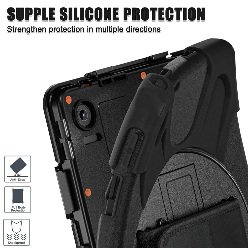 For Lenovo Tab 10.1 (2025) TB311XU / Zhaoyang K10C Case Rotary Kickstand PC+Silicone Hand Strap Tablet Cover - Black
