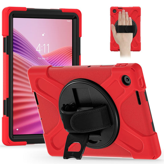 For Lenovo Tab 10.1 (2025) TB311XU / Zhaoyang K10C Case Rotary Kickstand PC+Silicone Hand Strap Tablet Cover - Red
