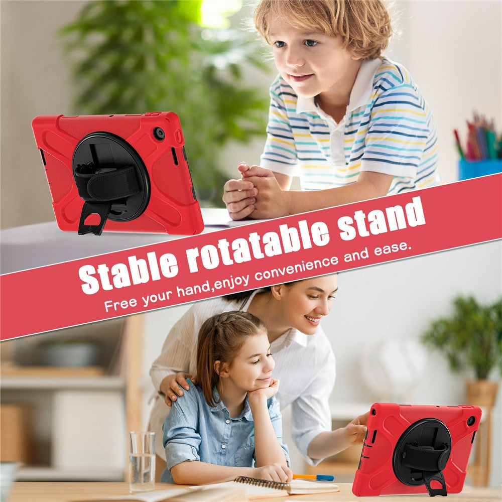 For Lenovo Tab 10.1 (2025) TB311XU / Zhaoyang K10C Case Rotary Kickstand PC+Silicone Hand Strap Tablet Cover - Red