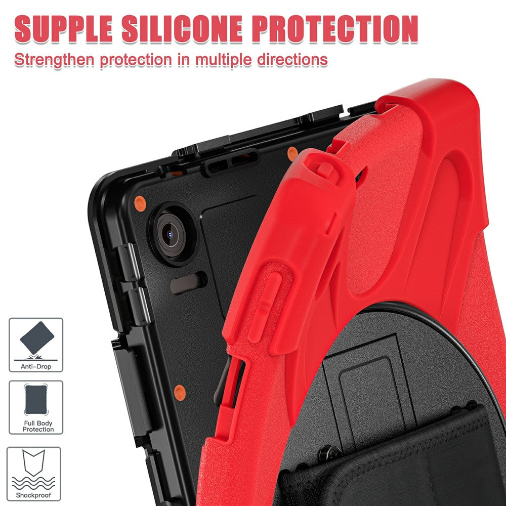 For Lenovo Tab 10.1 (2025) TB311XU / Zhaoyang K10C Case Rotary Kickstand PC+Silicone Hand Strap Tablet Cover - Red