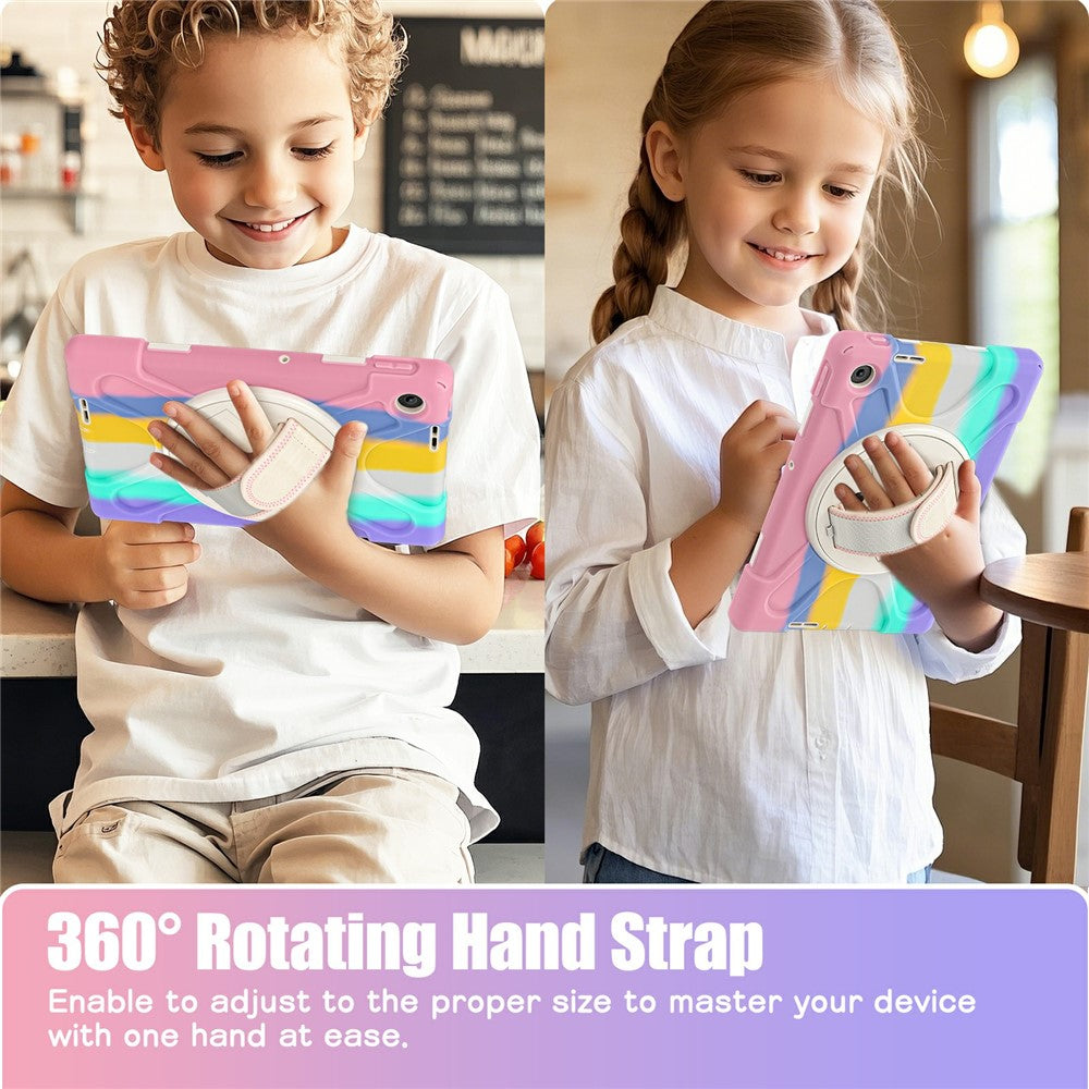 For Lenovo Tab 10.1 (2025) TB311XU / Zhaoyang K10C Case Rotary Kickstand PC+Silicone Hand Strap Tablet Cover - Colorful Pink