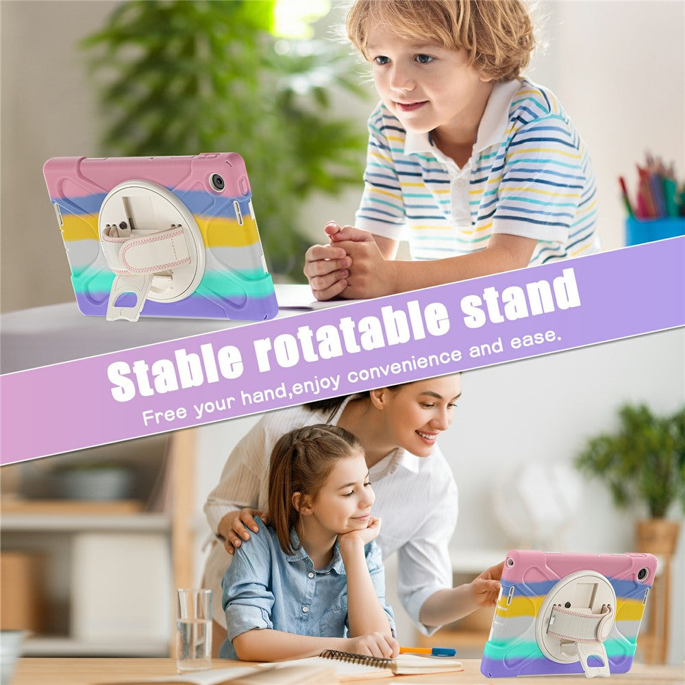 For Lenovo Tab 10.1 (2025) TB311XU / Zhaoyang K10C Case Rotary Kickstand PC+Silicone Hand Strap Tablet Cover - Colorful Pink