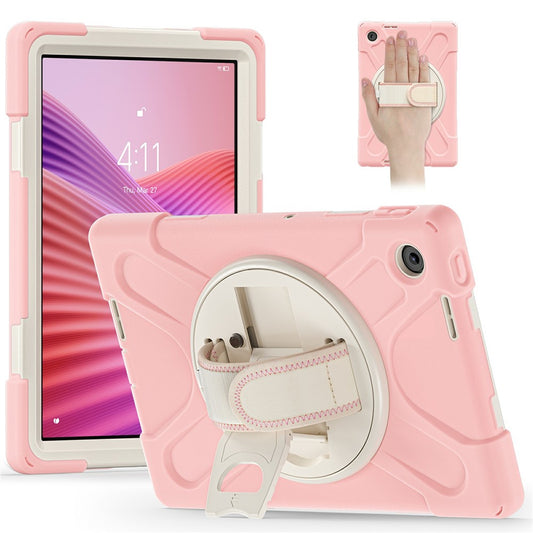 For Lenovo Tab 10.1 (2025) TB311XU / Zhaoyang K10C Case Rotary Kickstand PC+Silicone Hand Strap Tablet Cover - Pink