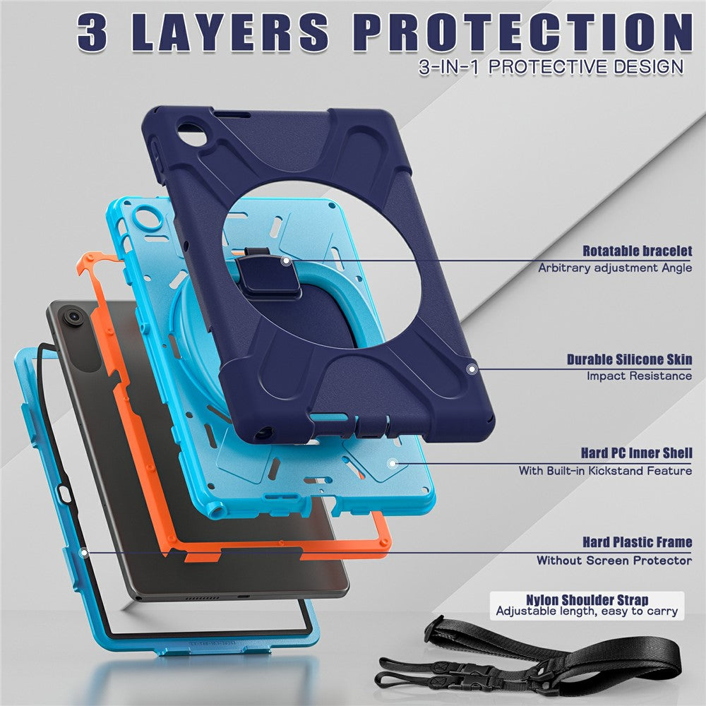 For Lenovo Tab 10.1 (2025) TB311XU / Zhaoyang K10C Case TPU + PC + Silicone Tablet Cover Swivel Kickstand Handle Grip - Navy Blue