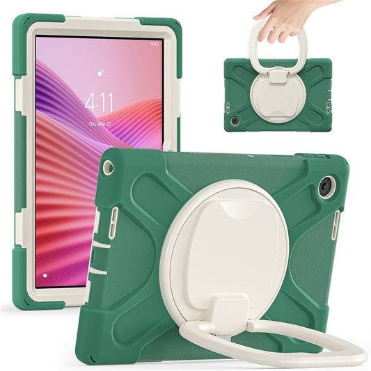 For Lenovo Tab 10.1 (2025) TB311XU / Zhaoyang K10C Case TPU + PC + Silicone Tablet Cover Swivel Kickstand Handle Grip - Emerald Green