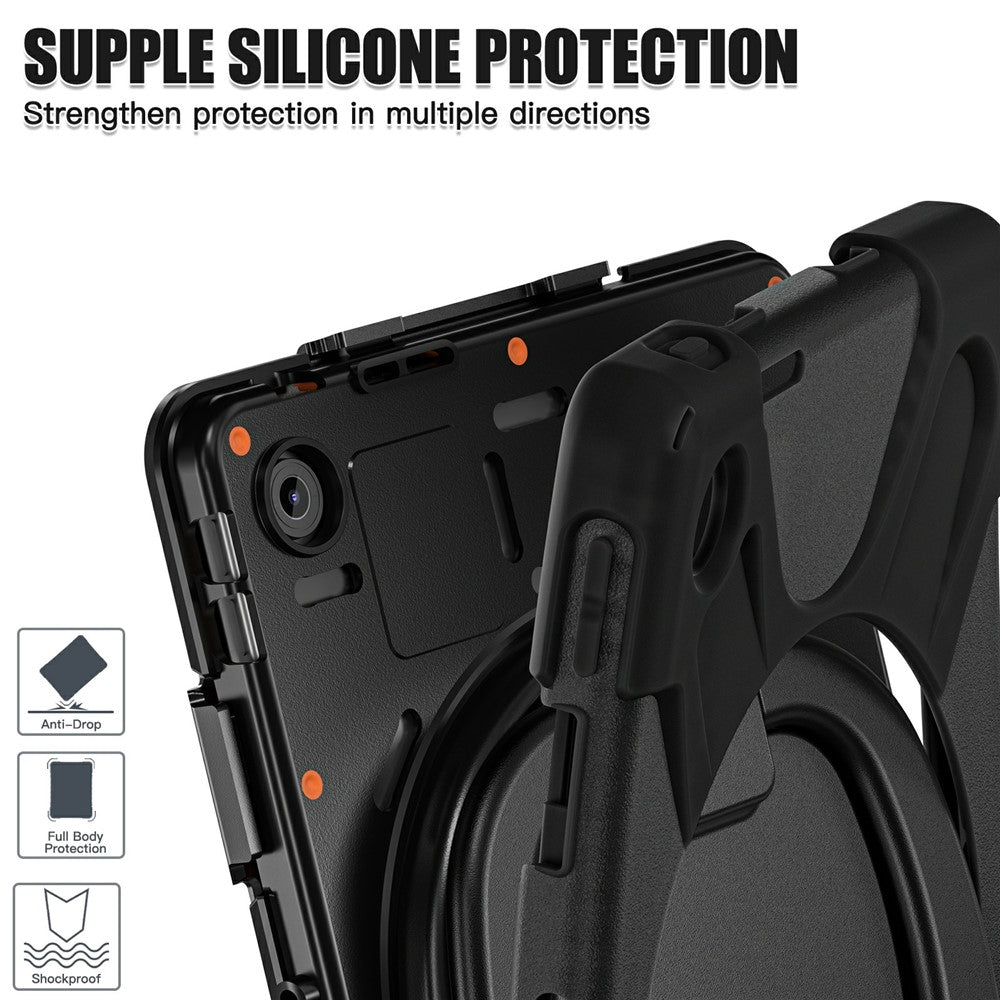 For Lenovo Tab 10.1 (2025) TB311XU / Zhaoyang K10C Case TPU + PC + Silicone Tablet Cover Swivel Kickstand Handle Grip - Black