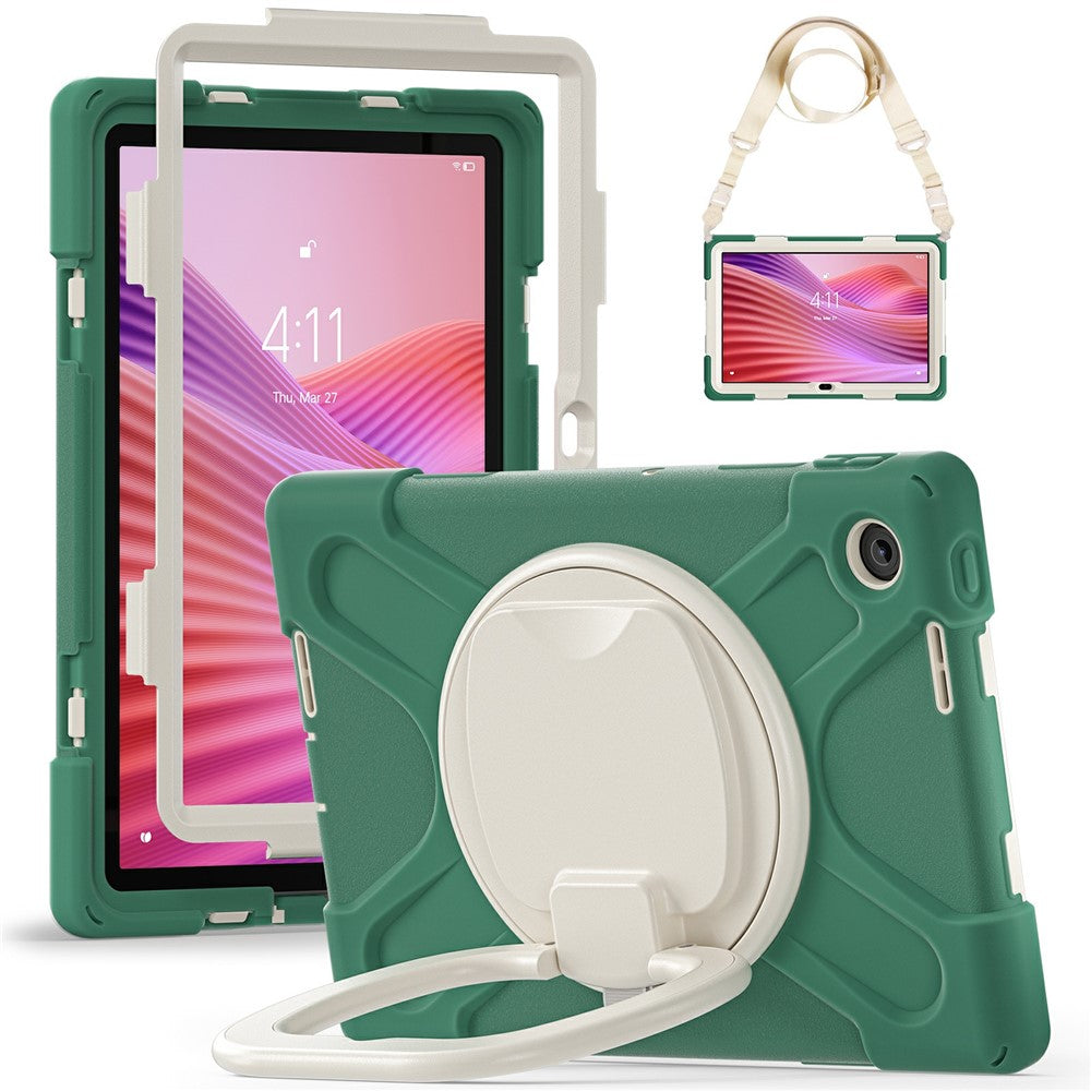 For Lenovo Tab 10.1 (2025) TB311XU2 / Zhaoyang K10C Case with Shoulder Strap TPU + PC + Silicone Kickstand Tablet Cover - Emerald Green