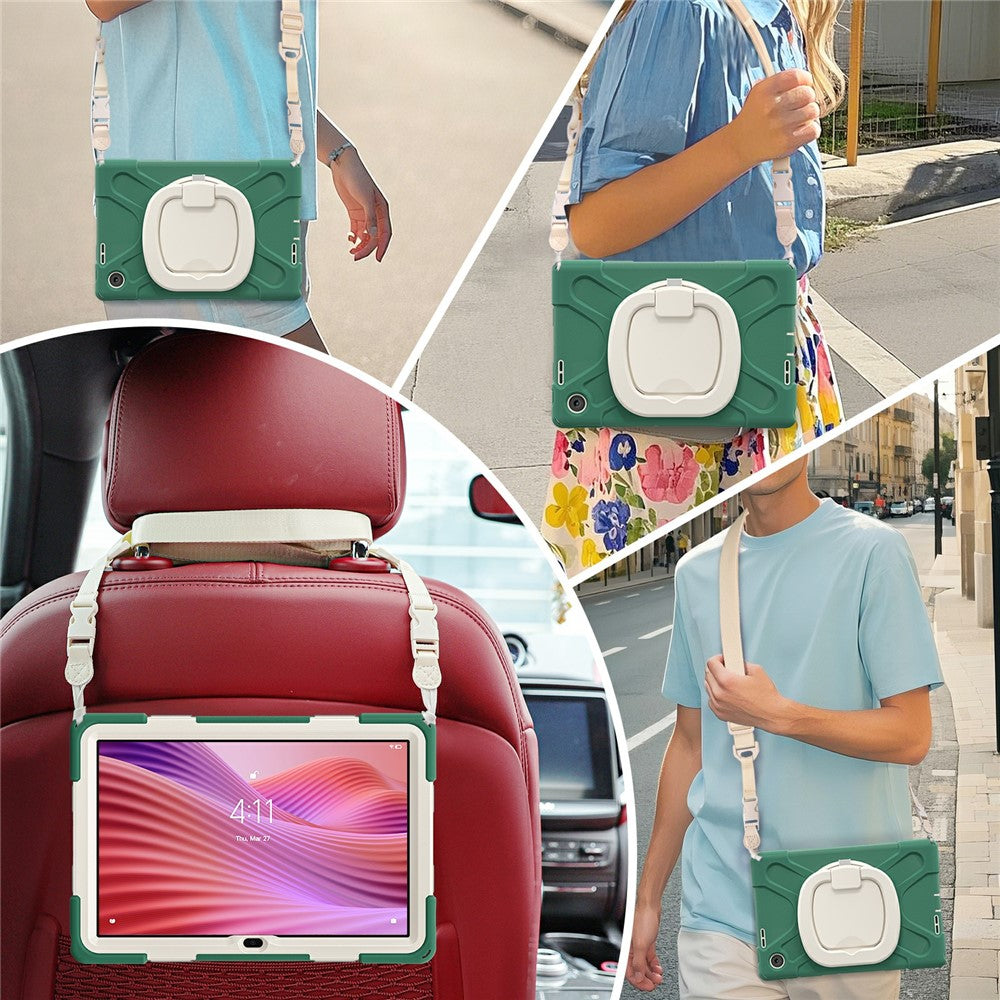 For Lenovo Tab 10.1 (2025) TB311XU2 / Zhaoyang K10C Case with Shoulder Strap TPU + PC + Silicone Kickstand Tablet Cover - Emerald Green