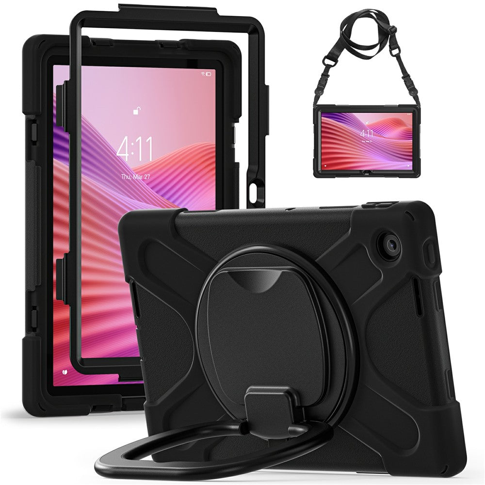 For Lenovo Tab 10.1 (2025) TB311XU2 / Zhaoyang K10C Case with Shoulder Strap TPU + PC + Silicone Kickstand Tablet Cover - Black