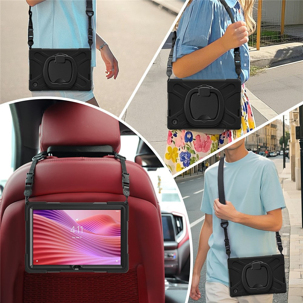 For Lenovo Tab 10.1 (2025) TB311XU2 / Zhaoyang K10C Case with Shoulder Strap TPU + PC + Silicone Kickstand Tablet Cover - Black